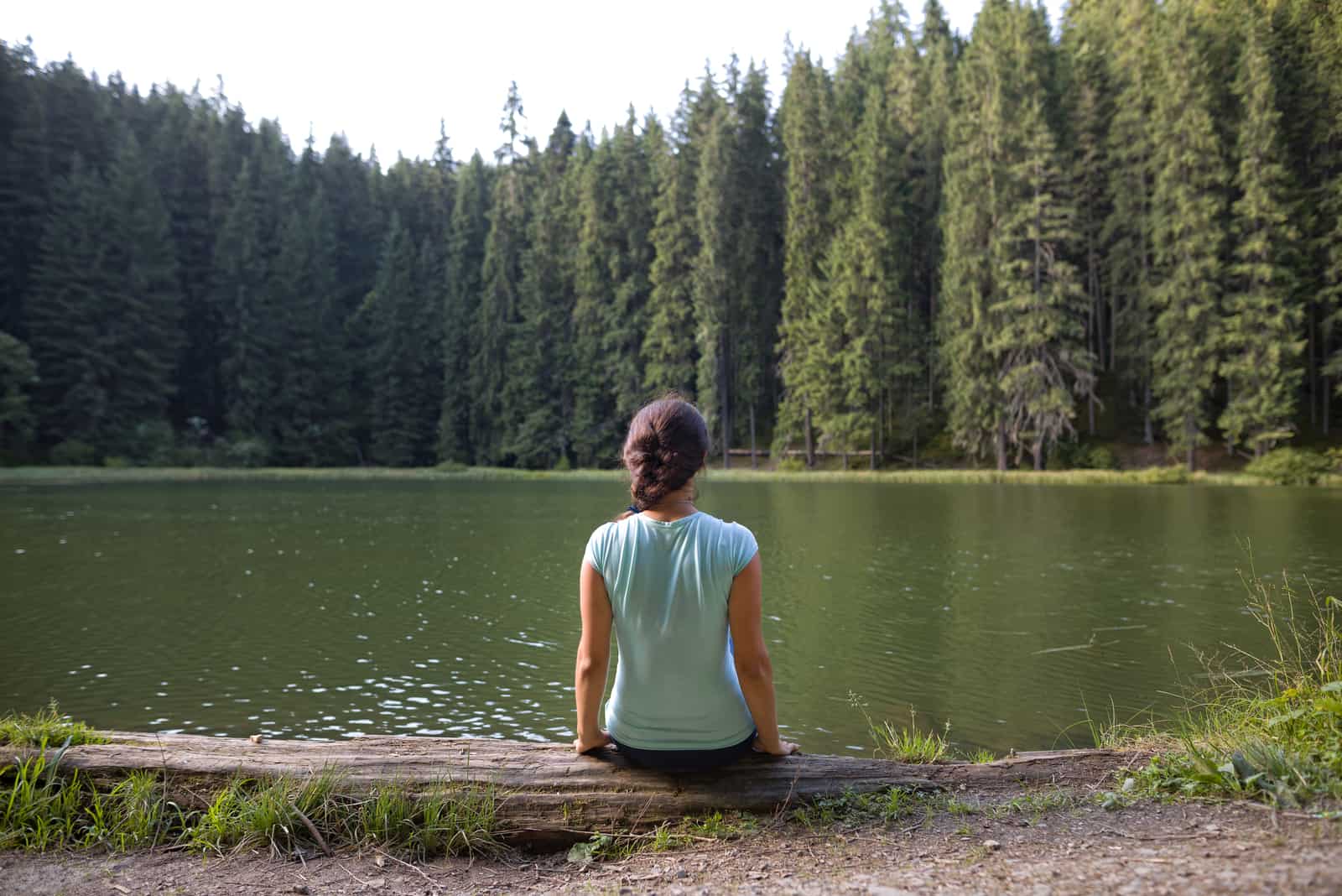 una mujer joven está sentada de espaldas mirando el lago